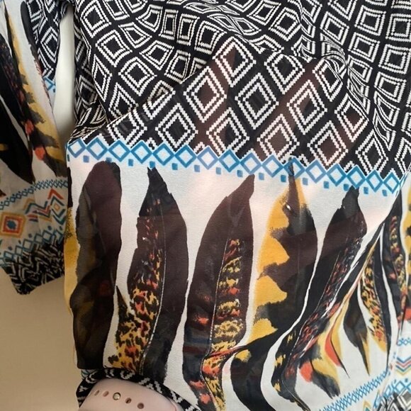 Tchibo Boho Print Peasant Top Sz 42 Feather Hem Tribal Pattern - Picture 4 of 8